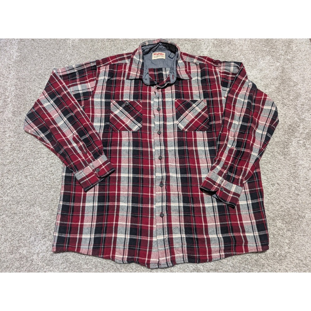 Wrangler‎ Authentics Mens Plaid Flannel Shirt Red Black White XLT